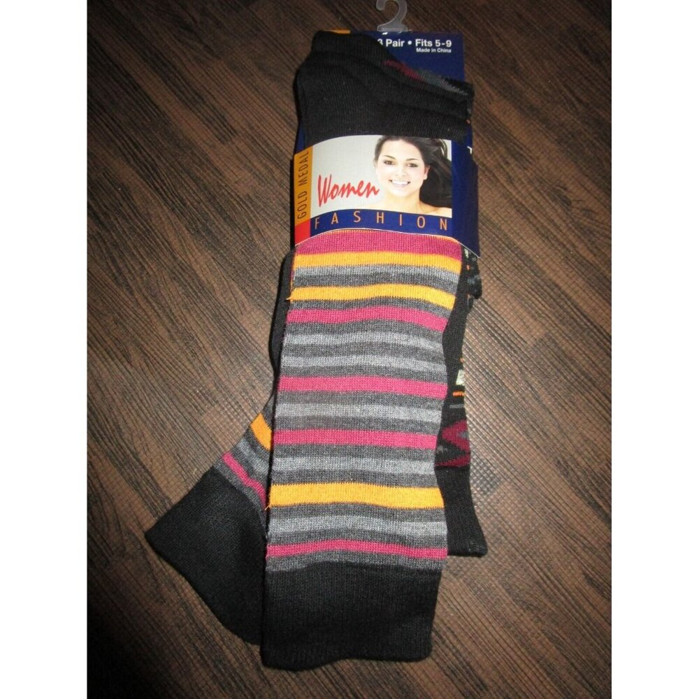 3 Pair Womens Medium Gold Medal Knee High Socks Soft Durable Black Stripes 9-11